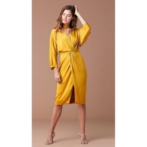 Diane von Furstenberg Yellow Draped Midi Dress Women’s Size 4 Silky Deep V Neck